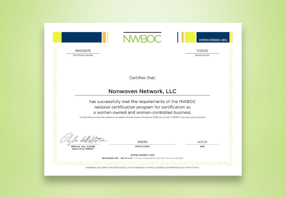 Nonwoven Network, LLC® NWBOC Certificate Woman Owned Business
